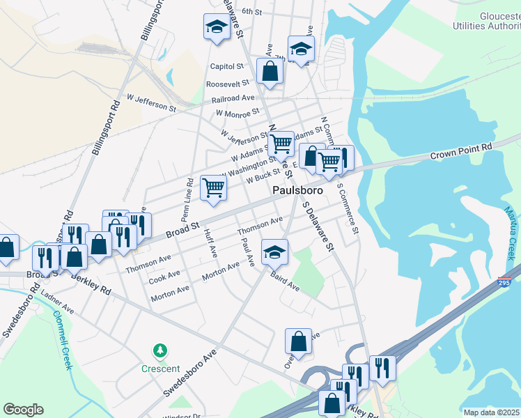 map of restaurants, bars, coffee shops, grocery stores, and more near 120 West Broad Street in Paulsboro