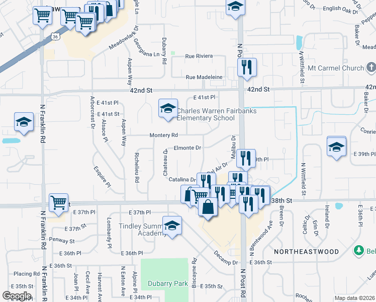 map of restaurants, bars, coffee shops, grocery stores, and more near 3934 Elmonte Court in Indianapolis