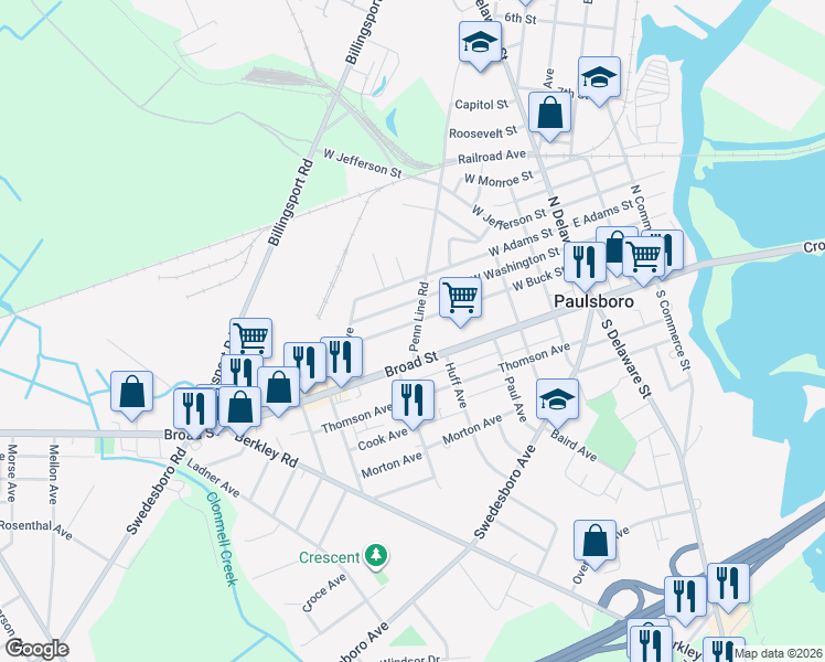map of restaurants, bars, coffee shops, grocery stores, and more near 300 West Buck Street in Paulsboro