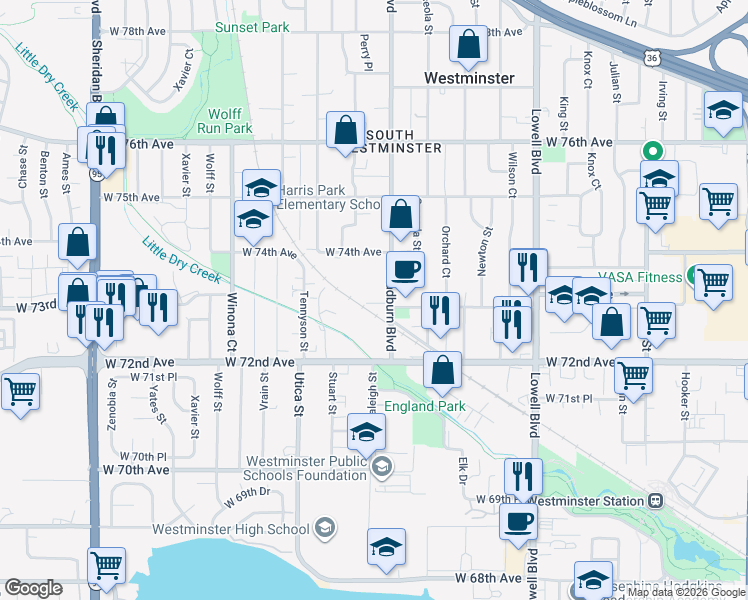 map of restaurants, bars, coffee shops, grocery stores, and more near 7307 Bradburn Boulevard in Westminster