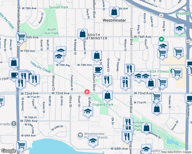 map of restaurants, bars, coffee shops, grocery stores, and more near 3995 West 73rd Avenue in Westminster