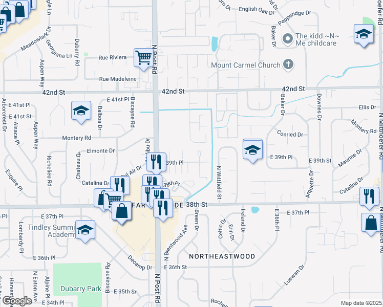 map of restaurants, bars, coffee shops, grocery stores, and more near 3960 Breen Drive in Indianapolis