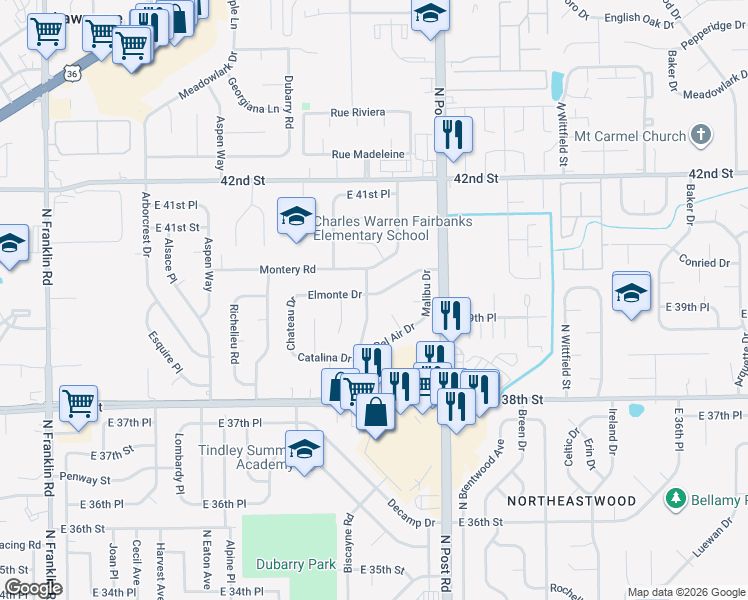 map of restaurants, bars, coffee shops, grocery stores, and more near 3949 Biscayne Road in Indianapolis