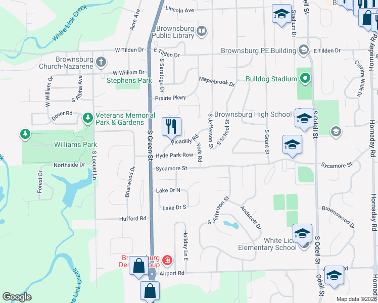 map of restaurants, bars, coffee shops, grocery stores, and more near 36 Hyde Park Row in Brownsburg
