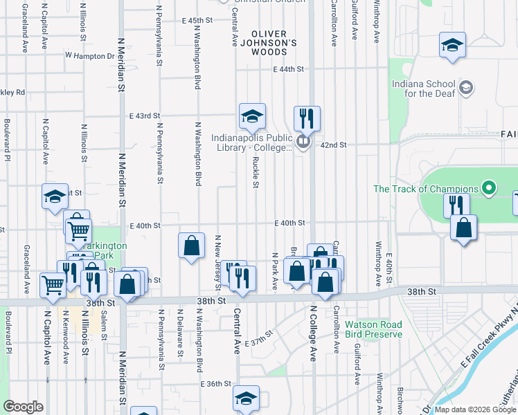map of restaurants, bars, coffee shops, grocery stores, and more near 4025 North Alley 575 East in Indianapolis