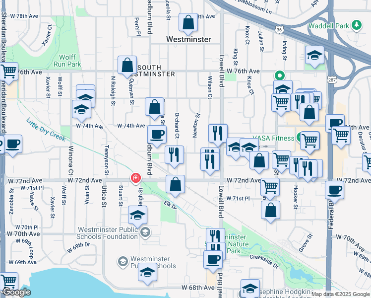 map of restaurants, bars, coffee shops, grocery stores, and more near 3809 West 73rd Avenue in Westminster