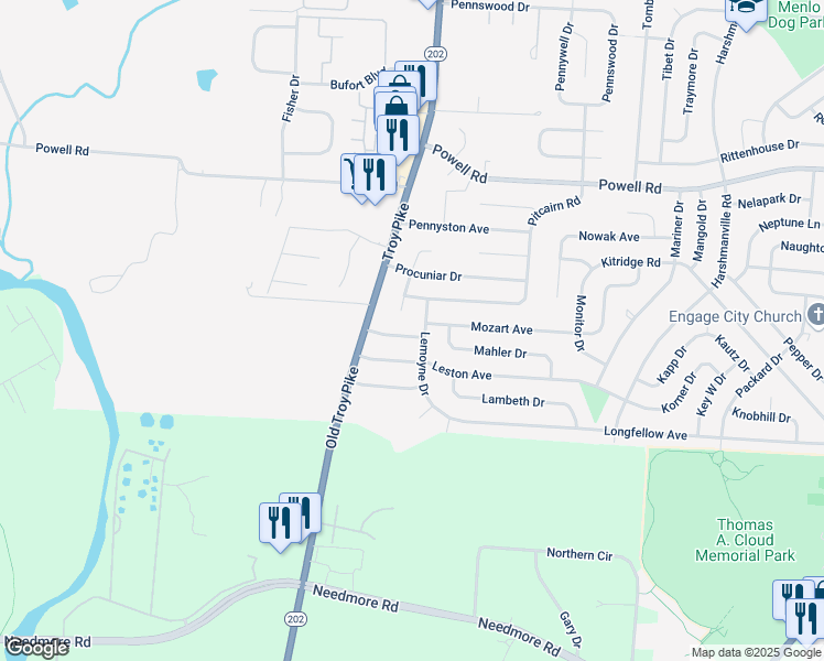 map of restaurants, bars, coffee shops, grocery stores, and more near 4273 Macon Avenue in Dayton