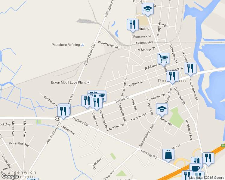 map of restaurants, bars, coffee shops, grocery stores, and more near 341 West Buck Street in Paulsboro