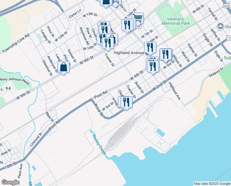 map of restaurants, bars, coffee shops, grocery stores, and more near 3301 West 4th Street in Trainer