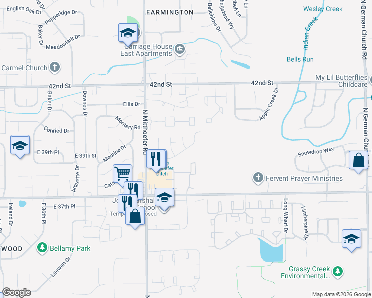 map of restaurants, bars, coffee shops, grocery stores, and more near 10202 Catalina Drive in Indianapolis