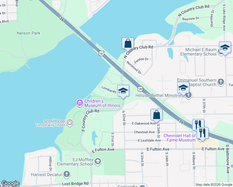 map of restaurants, bars, coffee shops, grocery stores, and more near 1-99 Lombardy Drive in Decatur