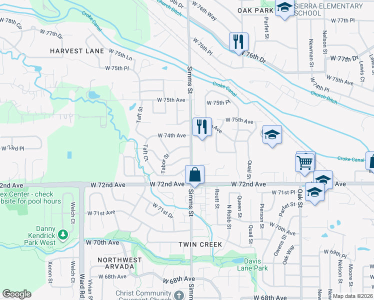 map of restaurants, bars, coffee shops, grocery stores, and more near 11600 West 73rd Place in Arvada