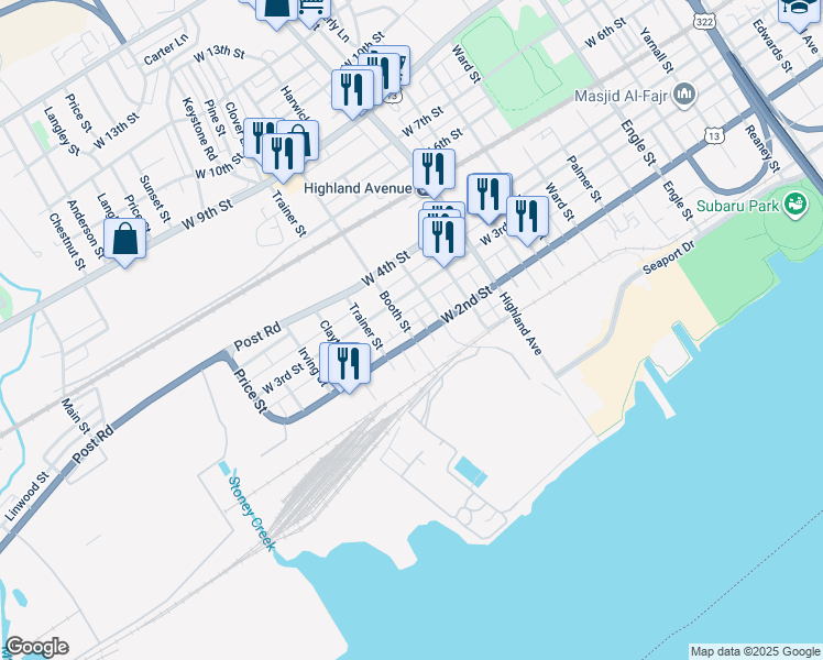 map of restaurants, bars, coffee shops, grocery stores, and more near 3038 West 2nd Street in Chester