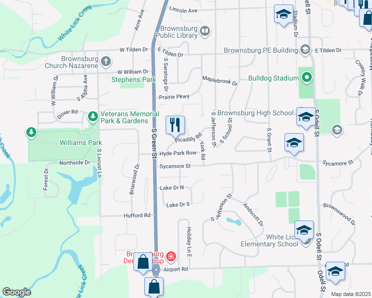 map of restaurants, bars, coffee shops, grocery stores, and more near 36 Hyde Park Row in Brownsburg