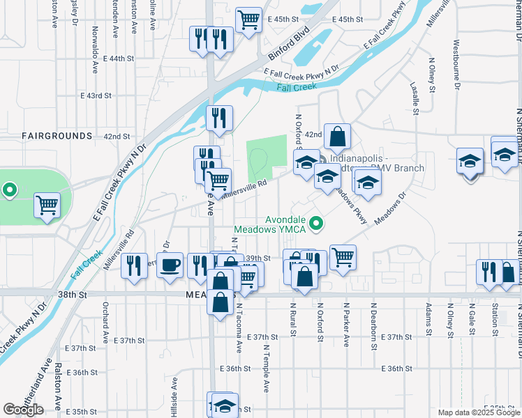 map of restaurants, bars, coffee shops, grocery stores, and more near 4032 Eastern Avenue in Indianapolis