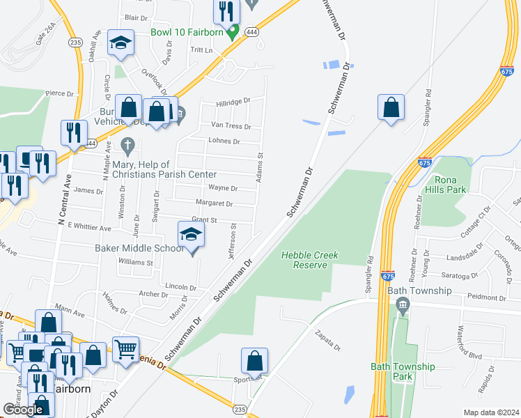 map of restaurants, bars, coffee shops, grocery stores, and more near 724 Adams Street in Fairborn