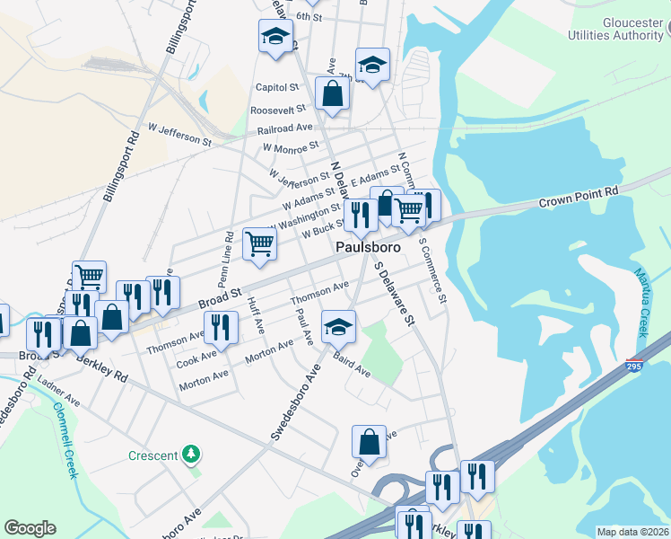map of restaurants, bars, coffee shops, grocery stores, and more near 30 West Broad Street in Paulsboro