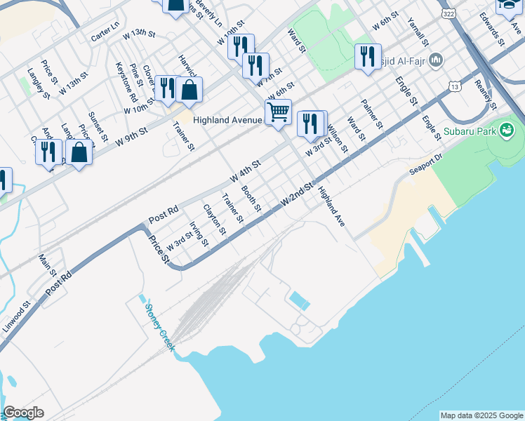 map of restaurants, bars, coffee shops, grocery stores, and more near 3038 West 2nd Street in Chester