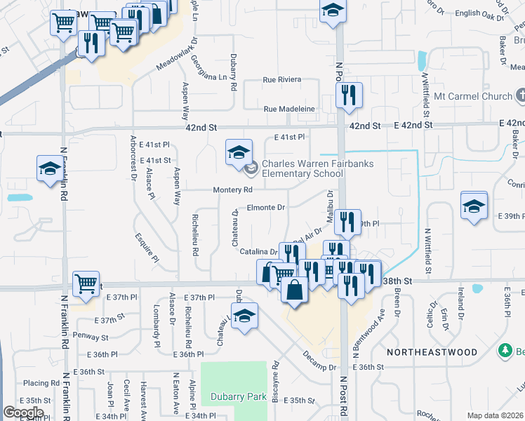 map of restaurants, bars, coffee shops, grocery stores, and more near 3934 Elmonte Court in Indianapolis