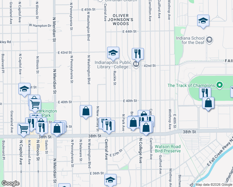 map of restaurants, bars, coffee shops, grocery stores, and more near 4025 North Alley 575 East in Indianapolis