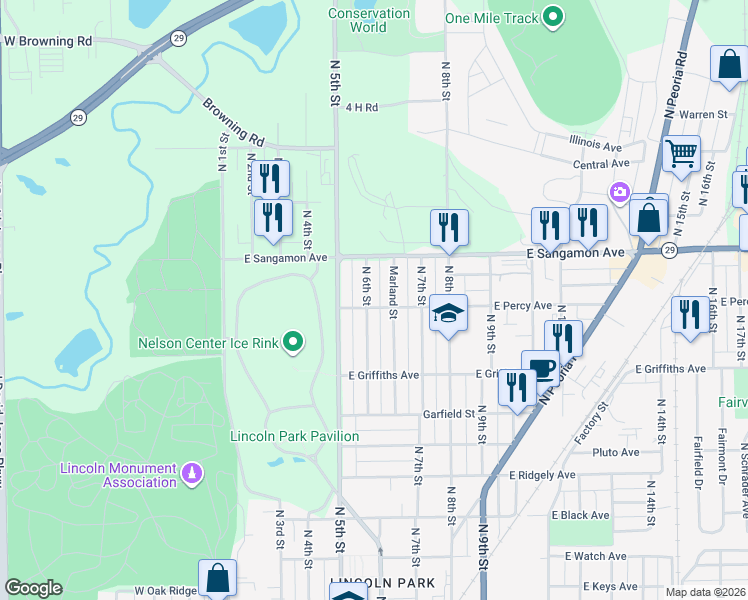 map of restaurants, bars, coffee shops, grocery stores, and more near 2109 Marland Street in Springfield