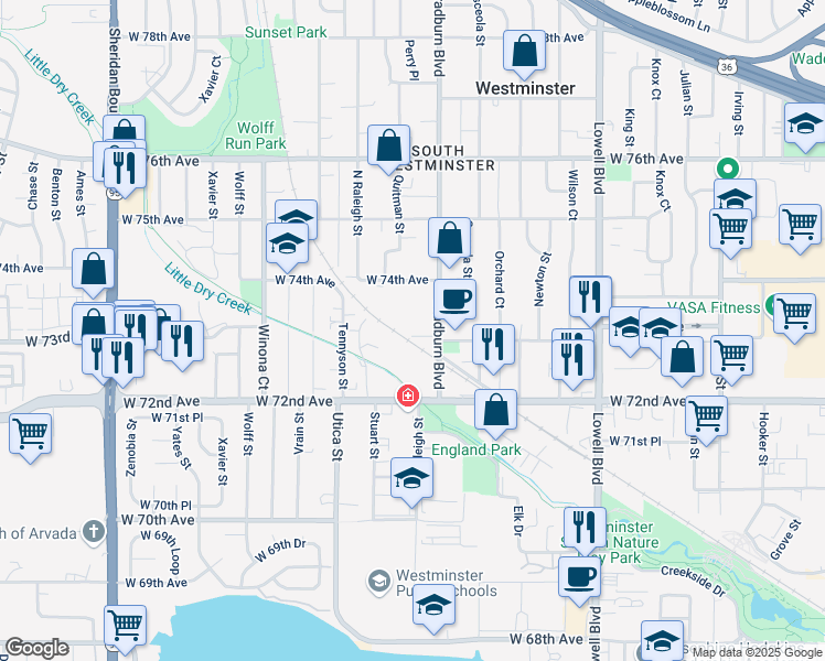 map of restaurants, bars, coffee shops, grocery stores, and more near 7307 Bradburn Boulevard in Westminster