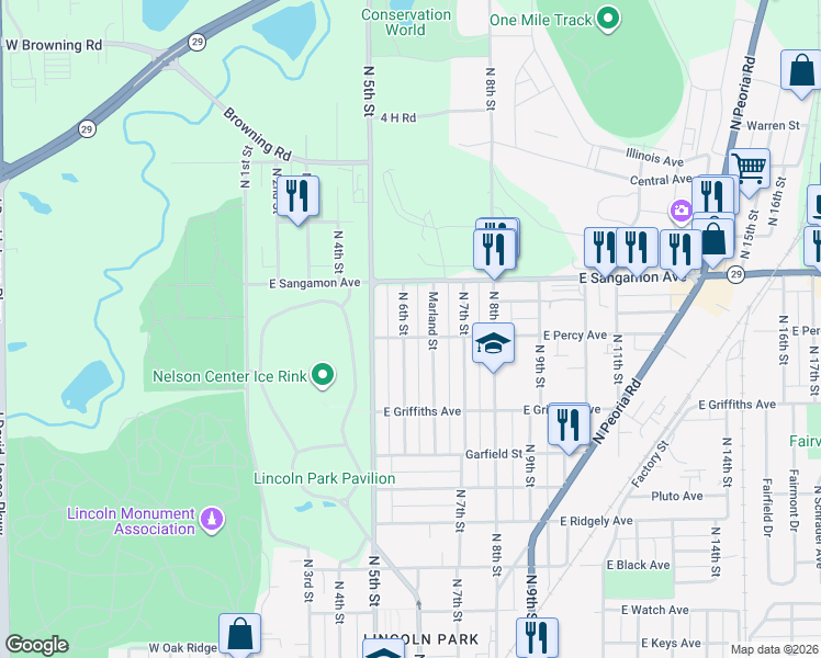 map of restaurants, bars, coffee shops, grocery stores, and more near 2109 Marland Street in Springfield