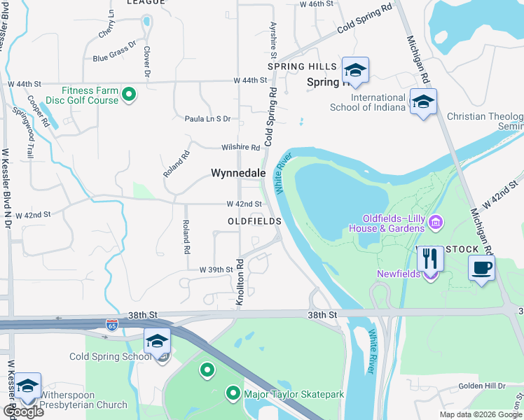 map of restaurants, bars, coffee shops, grocery stores, and more near 2016 Oldfields Circle North Drive in Indianapolis