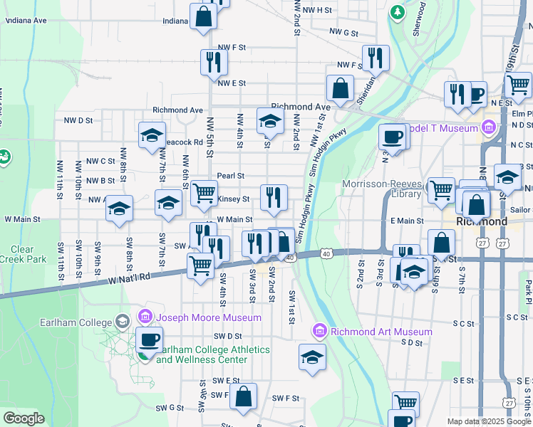 map of restaurants, bars, coffee shops, grocery stores, and more near 210 West Main Street in Richmond