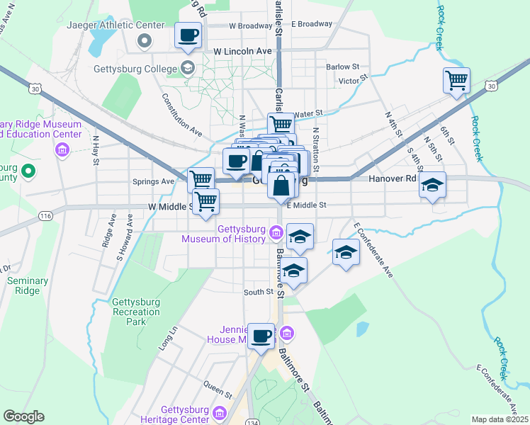 map of restaurants, bars, coffee shops, grocery stores, and more near 28 West Middle Street in Gettysburg