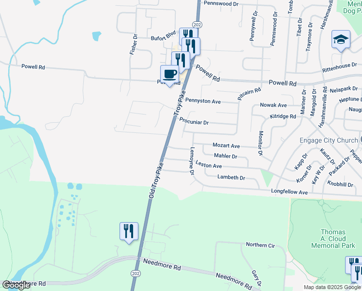 map of restaurants, bars, coffee shops, grocery stores, and more near 4273 Macon Avenue in Dayton