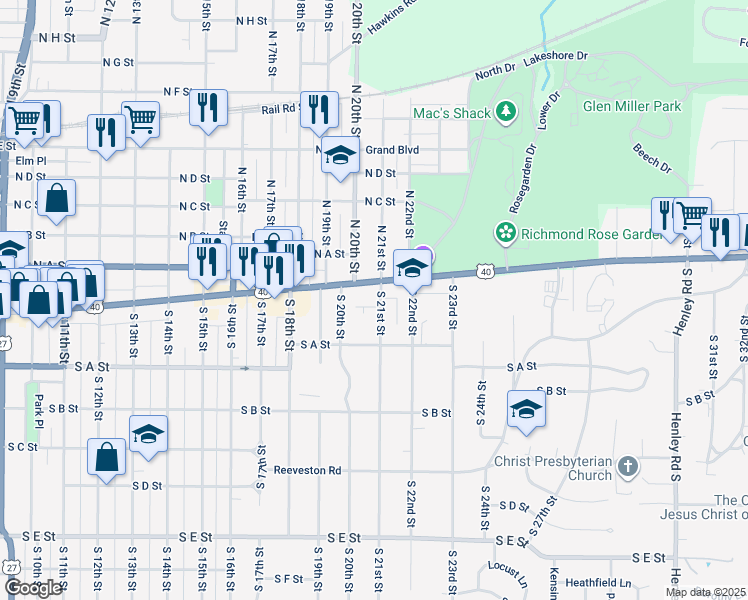 map of restaurants, bars, coffee shops, grocery stores, and more near 24 South 21st Street in Richmond