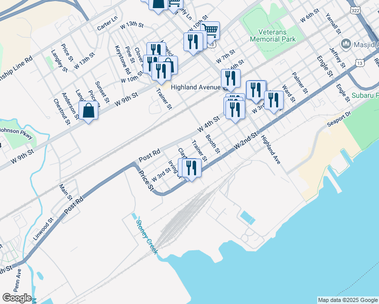 map of restaurants, bars, coffee shops, grocery stores, and more near 3222 West 3rd Street in Chester