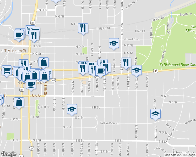 map of restaurants, bars, coffee shops, grocery stores, and more near 1725 E Main St in Richmond
