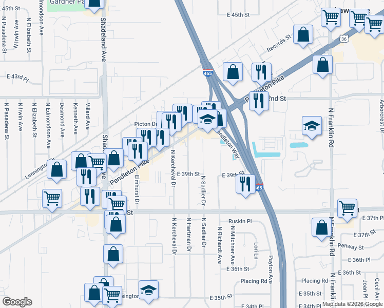 map of restaurants, bars, coffee shops, grocery stores, and more near 3947 N Hartman Dr in Indianapolis