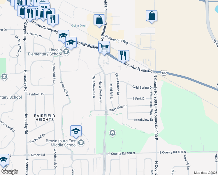 map of restaurants, bars, coffee shops, grocery stores, and more near 226 Rapid Rill Lane in Brownsburg