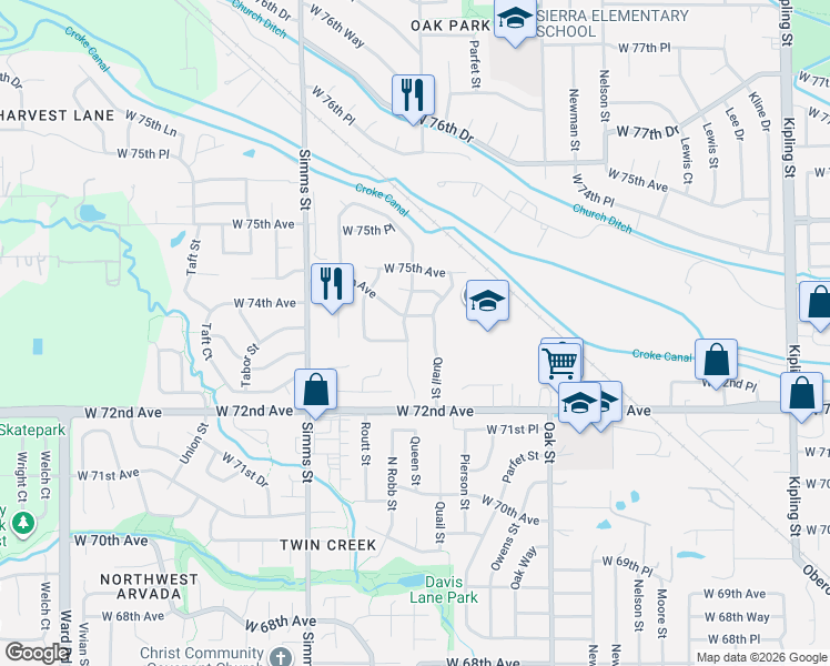 map of restaurants, bars, coffee shops, grocery stores, and more near 7342 Queen Street in Arvada