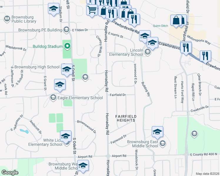 map of restaurants, bars, coffee shops, grocery stores, and more near 1065 Hornaday Road in Brownsburg