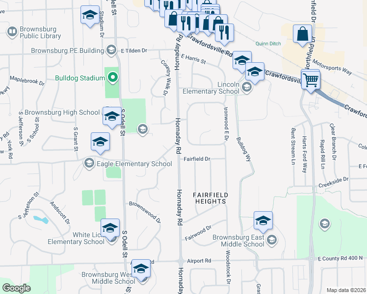 map of restaurants, bars, coffee shops, grocery stores, and more near 1065 Hornaday Road in Brownsburg