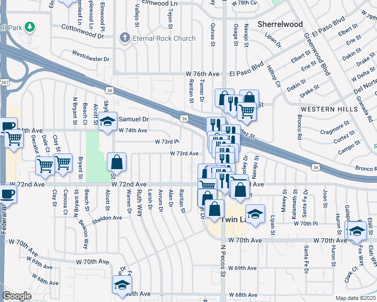 map of restaurants, bars, coffee shops, grocery stores, and more near 7301 Quivas Street in Denver