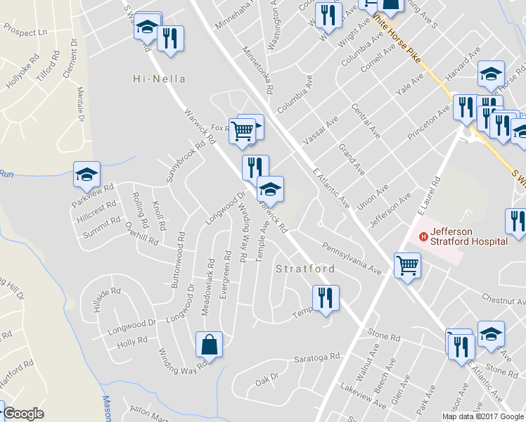 map of restaurants, bars, coffee shops, grocery stores, and more near 58 Warwick Road in Stratford