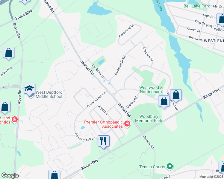 map of restaurants, bars, coffee shops, grocery stores, and more near 1110 Barnesdale Road in Woodbury