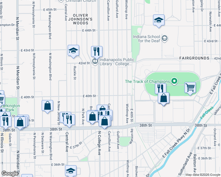 map of restaurants, bars, coffee shops, grocery stores, and more near 4027 Carrollton Avenue in Indianapolis
