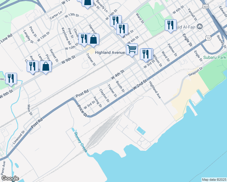 map of restaurants, bars, coffee shops, grocery stores, and more near 3133 West 3rd Street in Chester