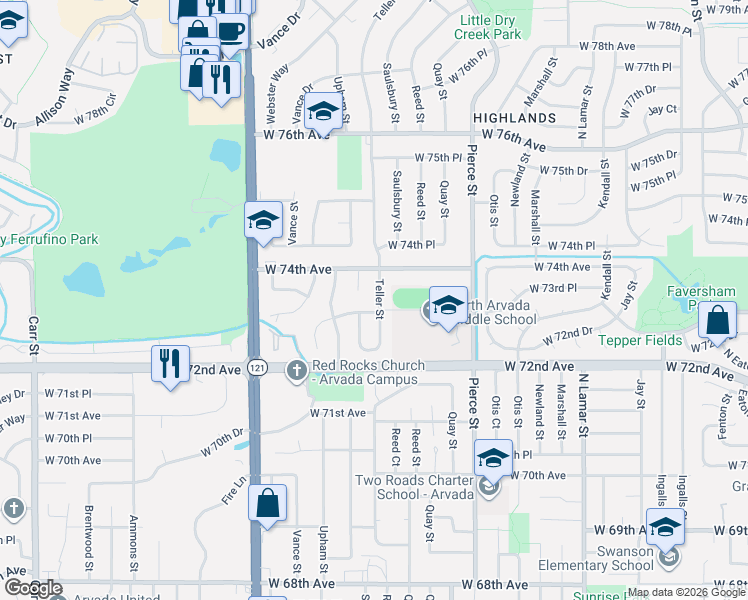 map of restaurants, bars, coffee shops, grocery stores, and more near 7321 Teller Street in Arvada