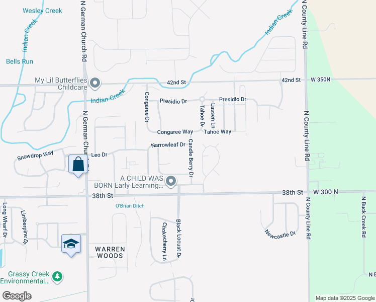 map of restaurants, bars, coffee shops, grocery stores, and more near 3938 Candle Berry Drive in Indianapolis