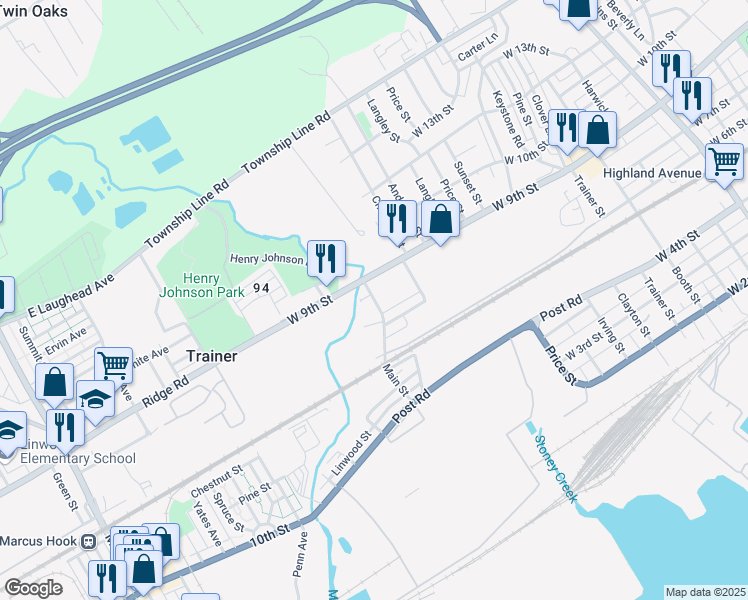 map of restaurants, bars, coffee shops, grocery stores, and more near 812 Main Street in Trainer