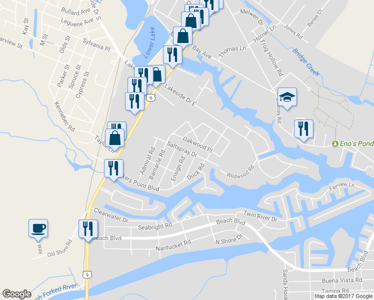 map of restaurants, bars, coffee shops, grocery stores, and more near 467 Ensign Road in Lacey Township