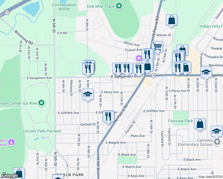 map of restaurants, bars, coffee shops, grocery stores, and more near 2105 Elizabeth Street in Springfield