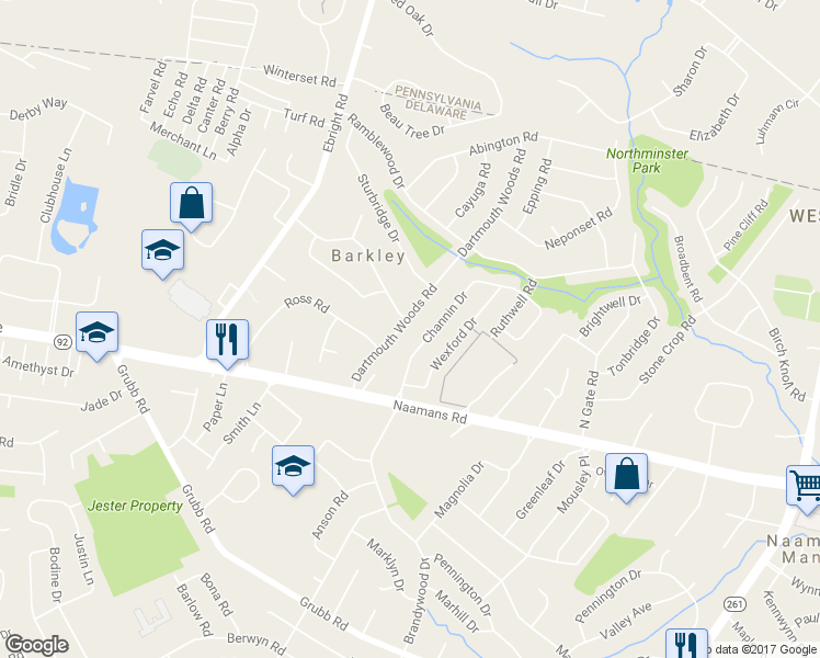 map of restaurants, bars, coffee shops, grocery stores, and more near 2518 Dartmouth Woods Road in Wilmington